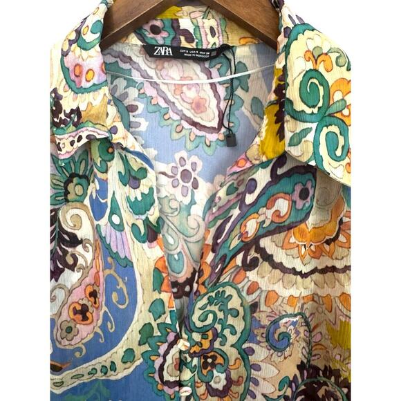 ZARA Women’s Paisley Print Sheer Blouse Collared Long Sl Shirt | Sm Boho Retro - Picture 5 of 6